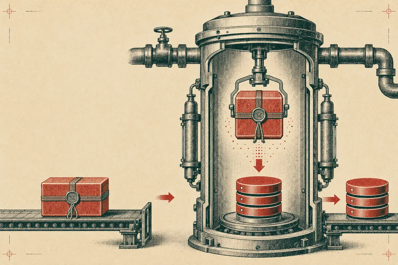 Technical cutaway showing a sealed backup entering an isolated test chamber and emerging as a healthy database